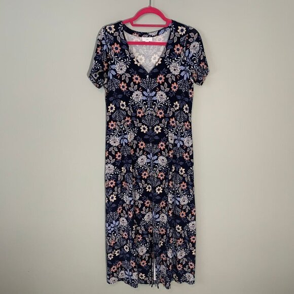 J. Jill dark spring florals short sleeve v-neck full button front stretchy dress - Picture 1 of 9